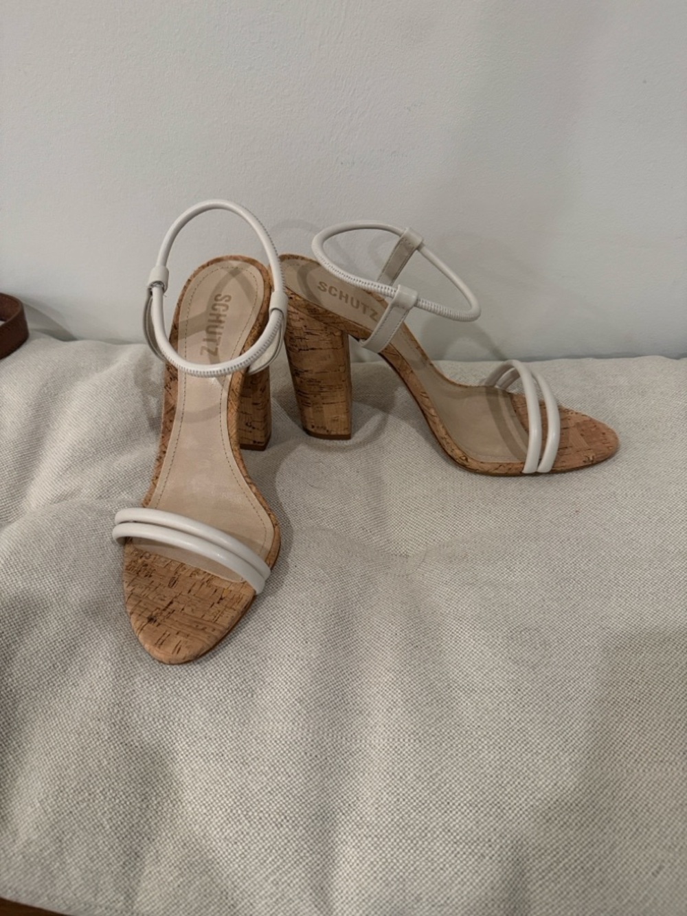SCHUTZ White Cork Strap Block-Heel Sandals